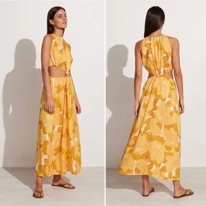 Faithful The Brand Zeta Linen Floral Cut Out Yellow Orange Midi Dress Sz L